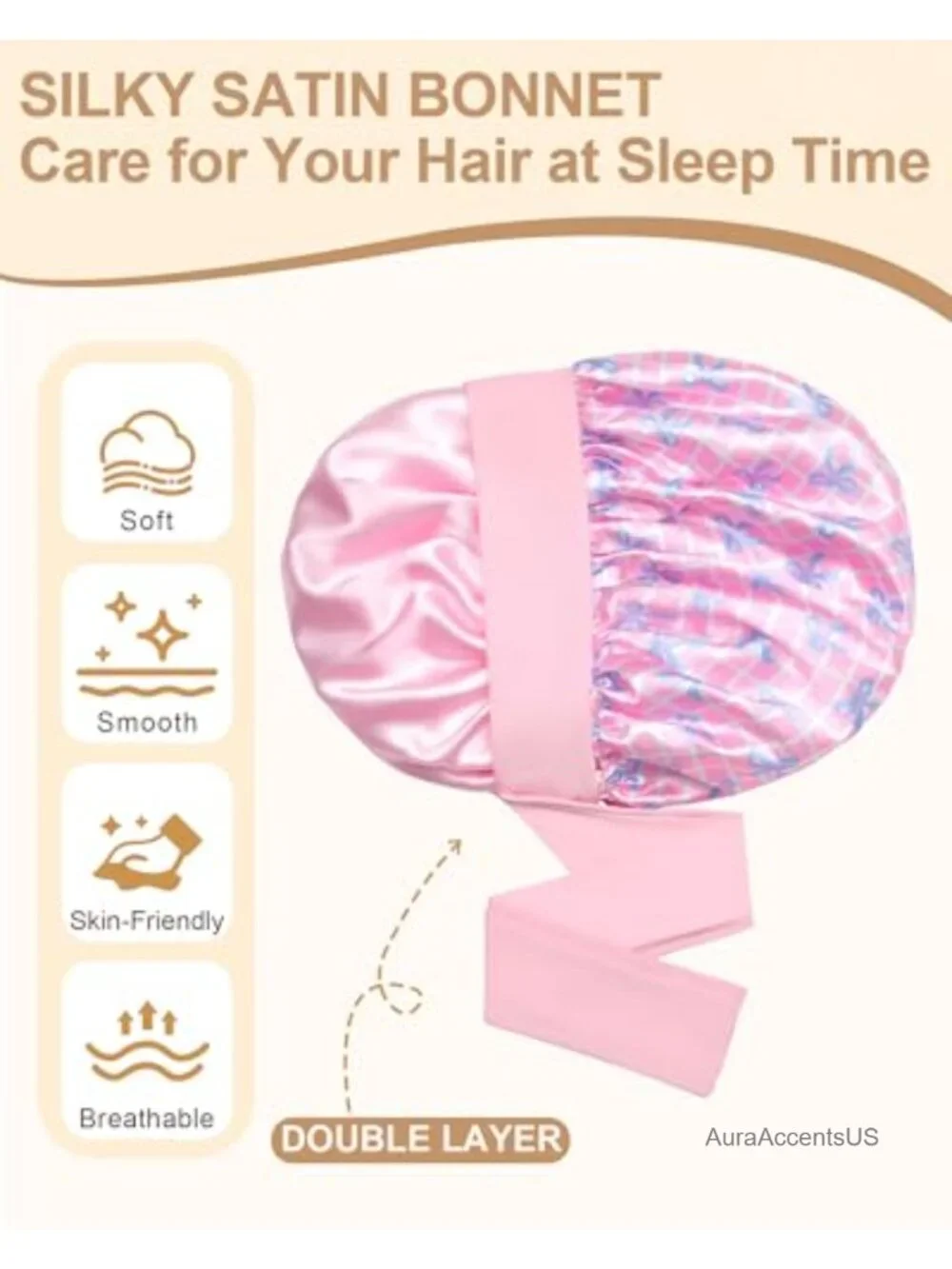 Reversible Satin Bonnet for Sleeping, Double Layer Hair Wrap with Elastic Tie